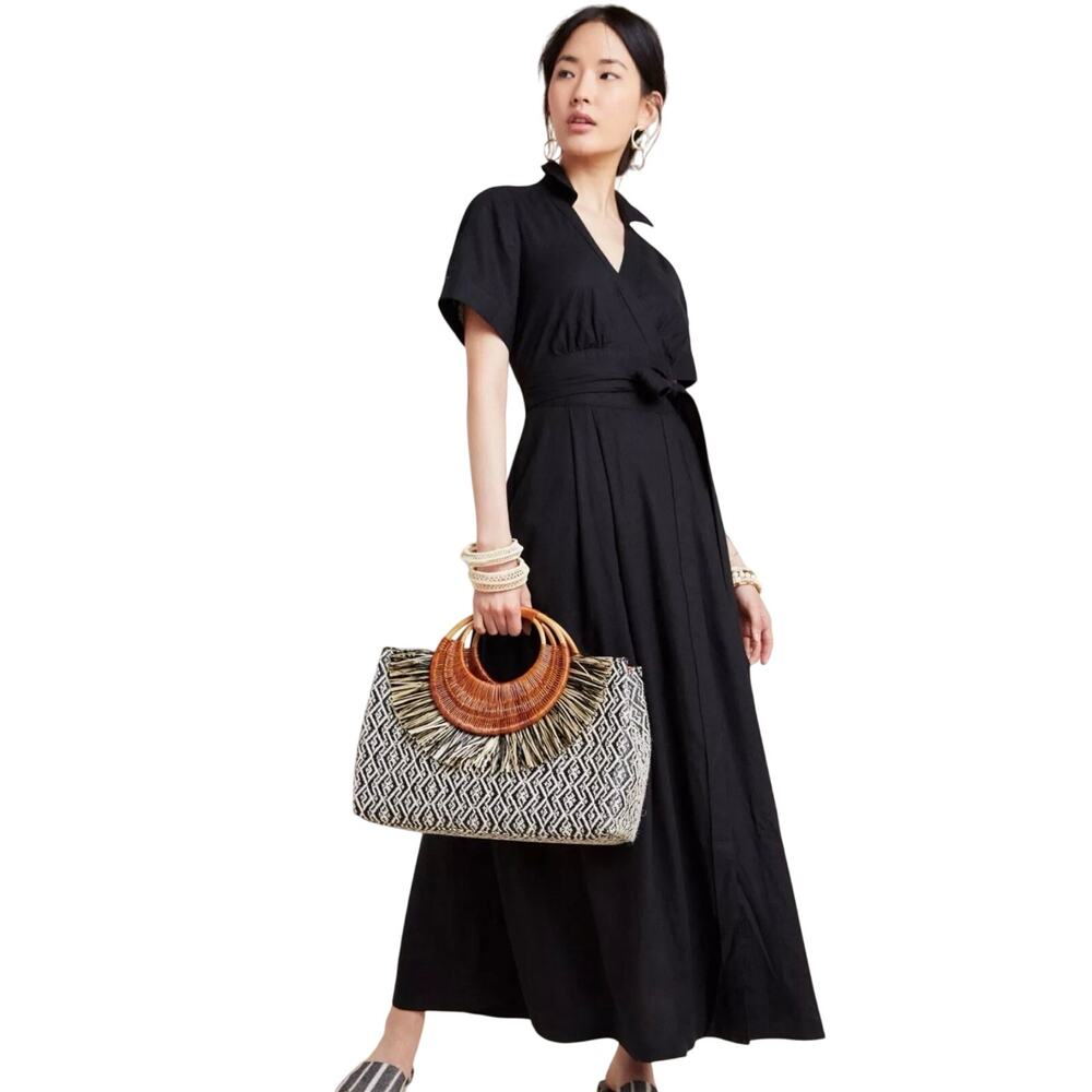 Maeve Black V-Neck Tie-Waist Maxi Dress